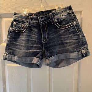 Miss Me Dark Blue Jean Shorts with White Stitching